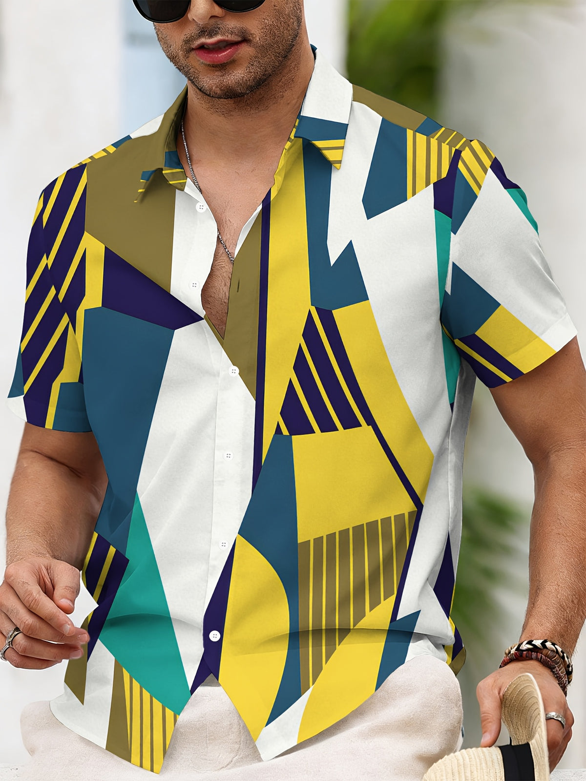 Geometric Pattern Men'S Casual Shirt, Abstract Shapes Print, Summer Vibrant Colors