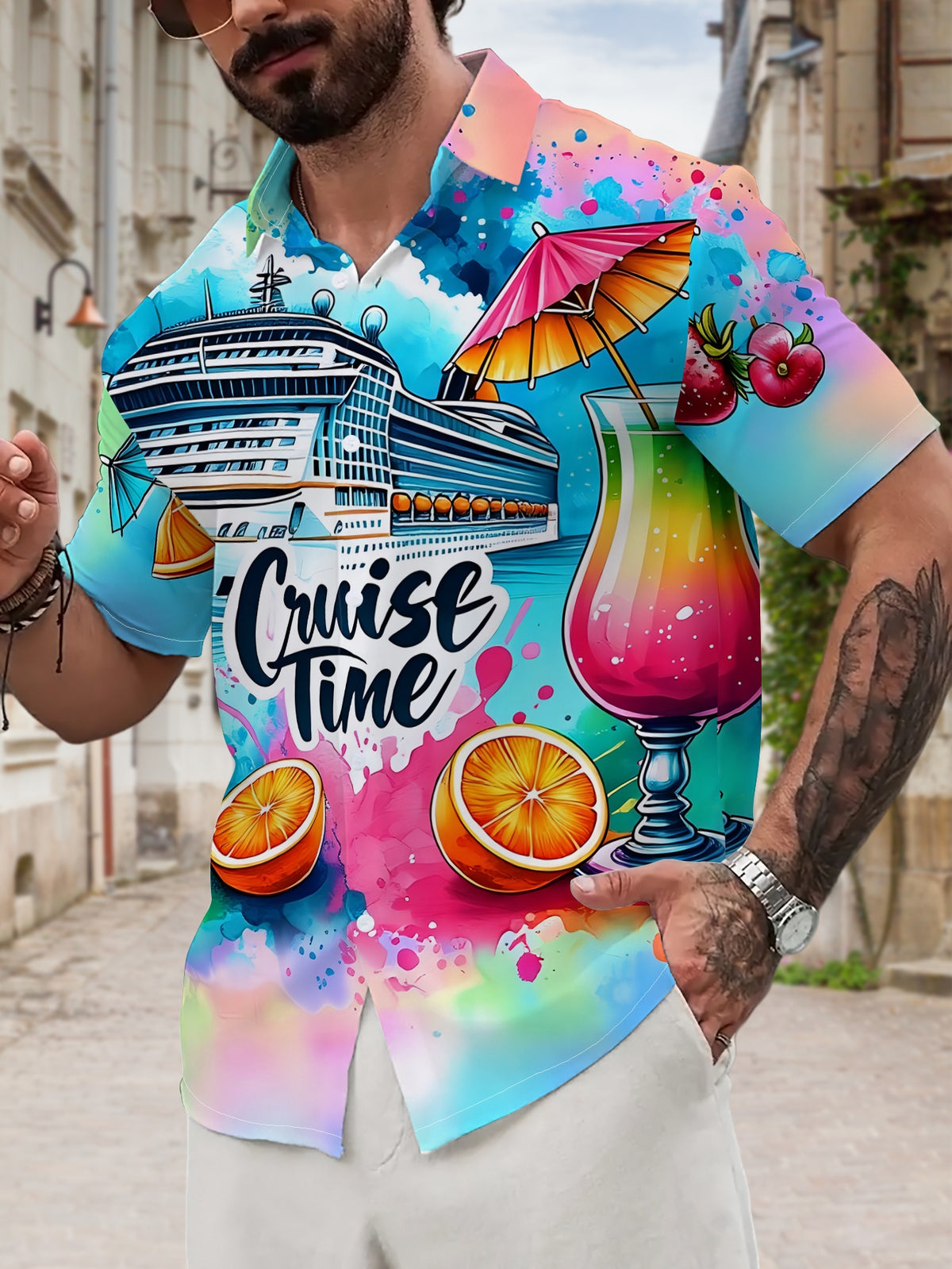 New Men'S Casual Short-Sleeve Shirt, Perfect for Cruise Moments, Vibrant Drinks Accompany Your Journey, Suitable for Holiday Gatherings And Commuting, Versatile Casual Top, Made of Machine-Washable Polyester Fabric, Button-Print Shirt