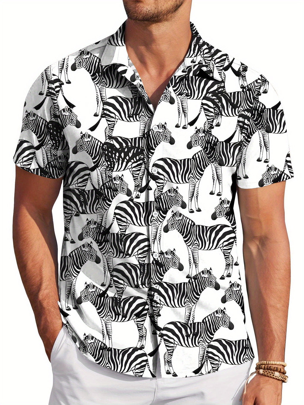 Men'S Zebra Print Short Sleeve Shirt - Bold Digital Animal Print, Summer Casual Semi-Formal Blouse, Suitable for Beach Outings And Office Wear