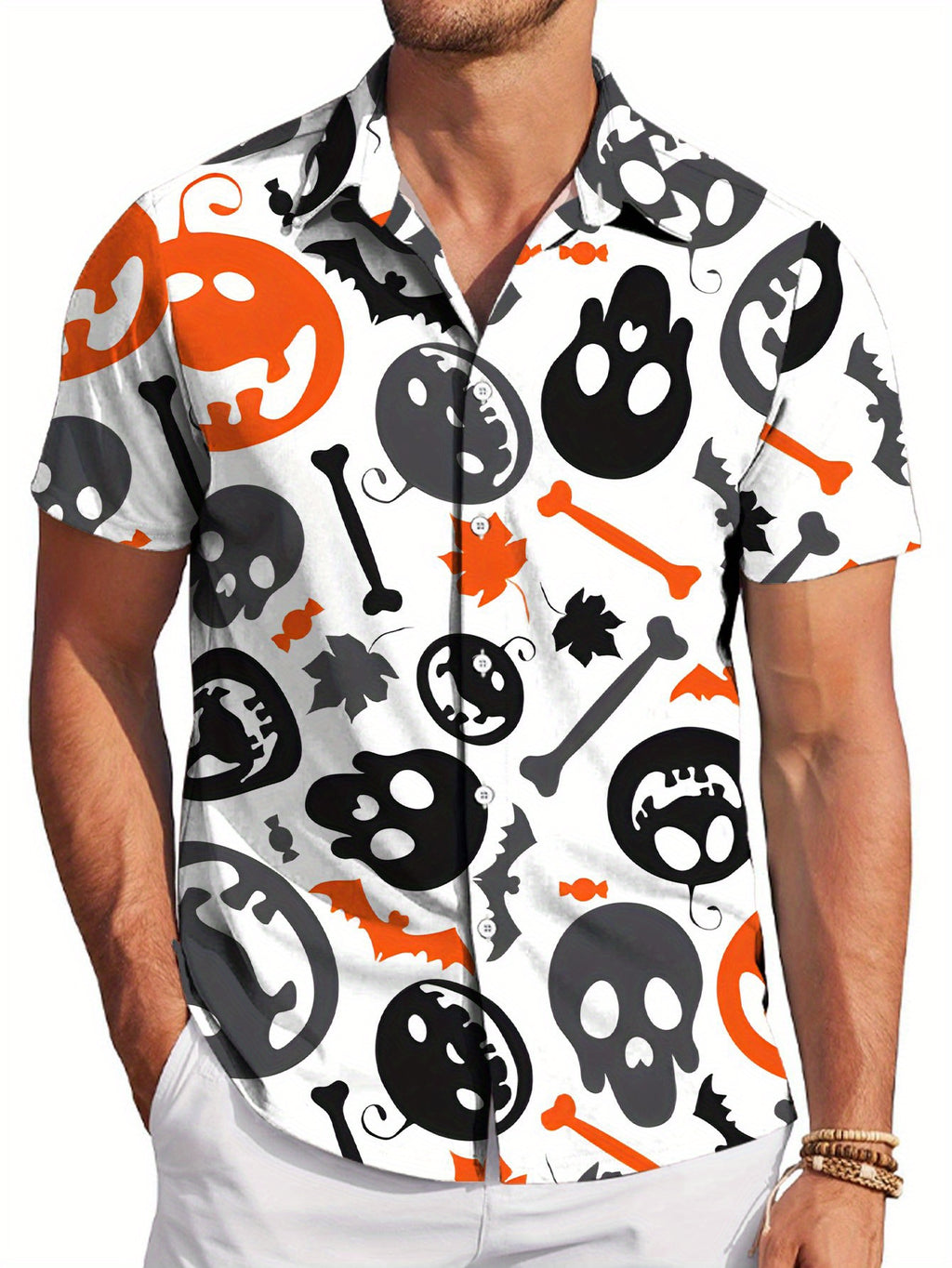 Men's Gothic Short-Sleeve Button-Up Shirt - Skull & Bat Print Collar, Structured Button-Front Top, Machine Washable Suitable for Summer Parties, Streetwear, Themed Events - Durable Casual Shirt for Year-Round Wear