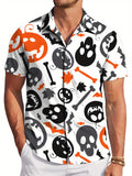 Men's Gothic Short-Sleeve Button-Up Shirt - Skull & Bat Print Collar, Structured Button-Front Top, Machine Washable Suitable for Summer Parties, Streetwear, Themed Events - Durable Casual Shirt for Year-Round Wear