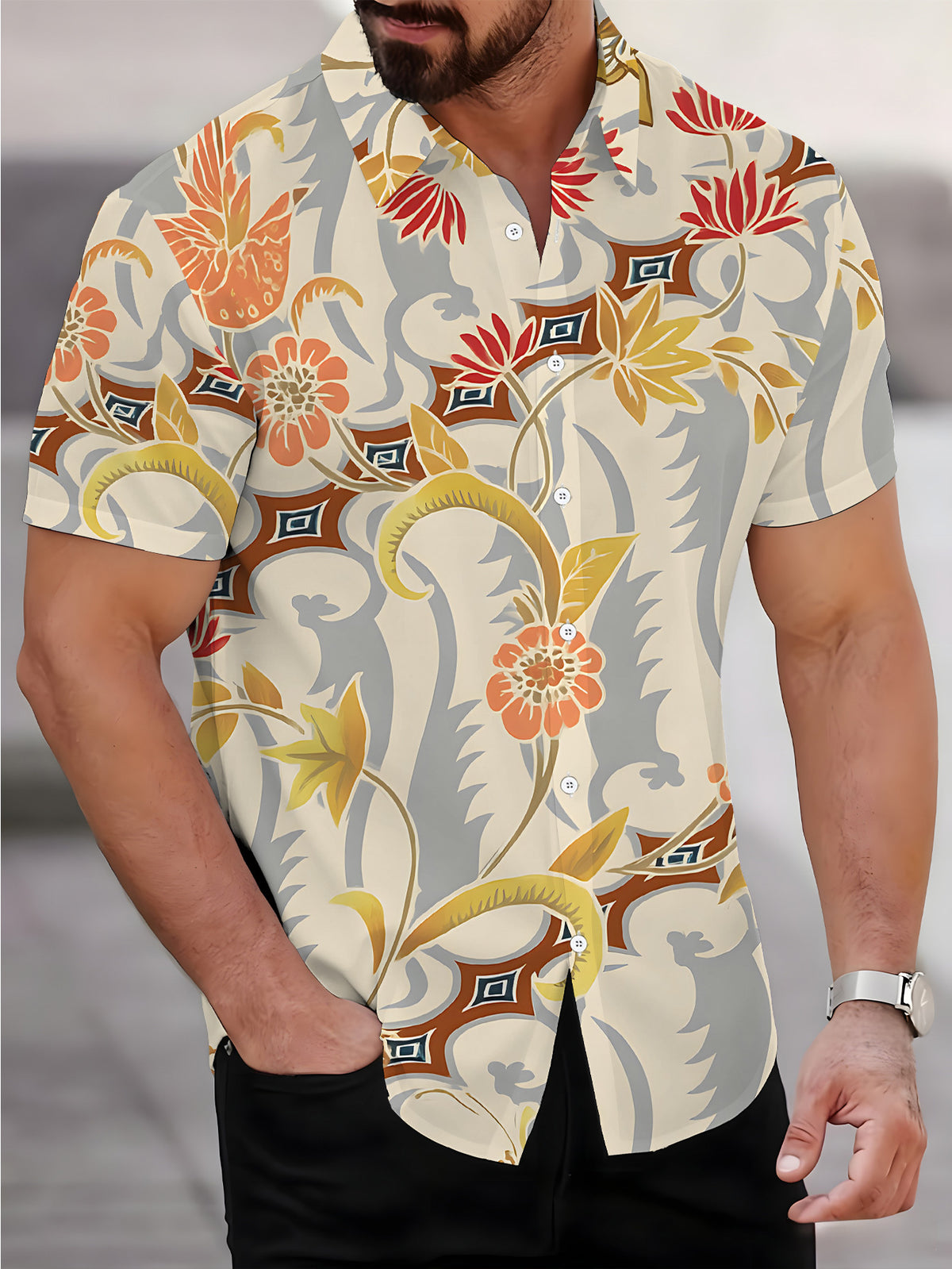 Men'S Short Sleeve Shirt Floral Bird Style, ' Print Short Sleeve Leaf Pattern, Cool Men'S Shirt Pastel Charm, Men'S Casual Short Sleeve Shirt Summer