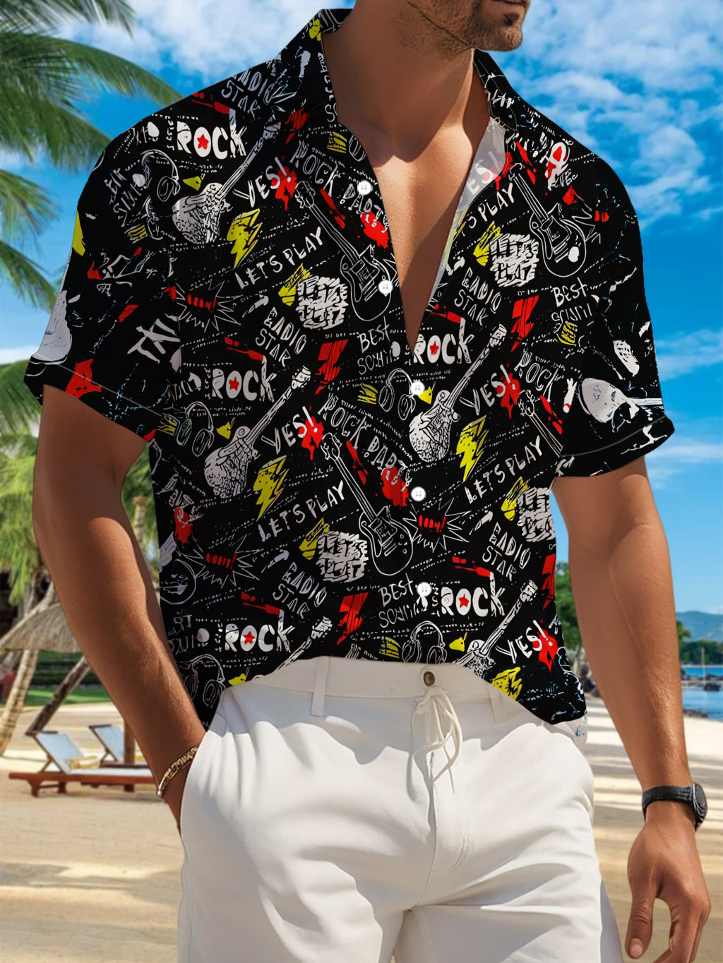 New Men'S Casual Short Sleeve Shirt, Black Base Full Print Rock Elements Hand-Painted Style Street Feel, Holiday Party Commute Versatile, Fabric Machine Washable, Button-Up Print Shirt