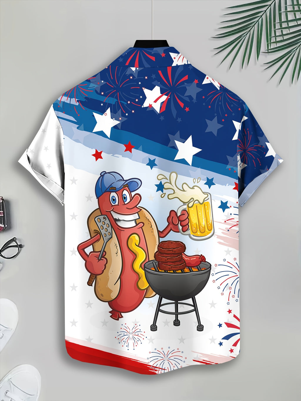 Men'S Short Sleeve Shirt with American Independence Day Theme Print, Cartoon Barbecue Pattern, Hawaiian Style Top