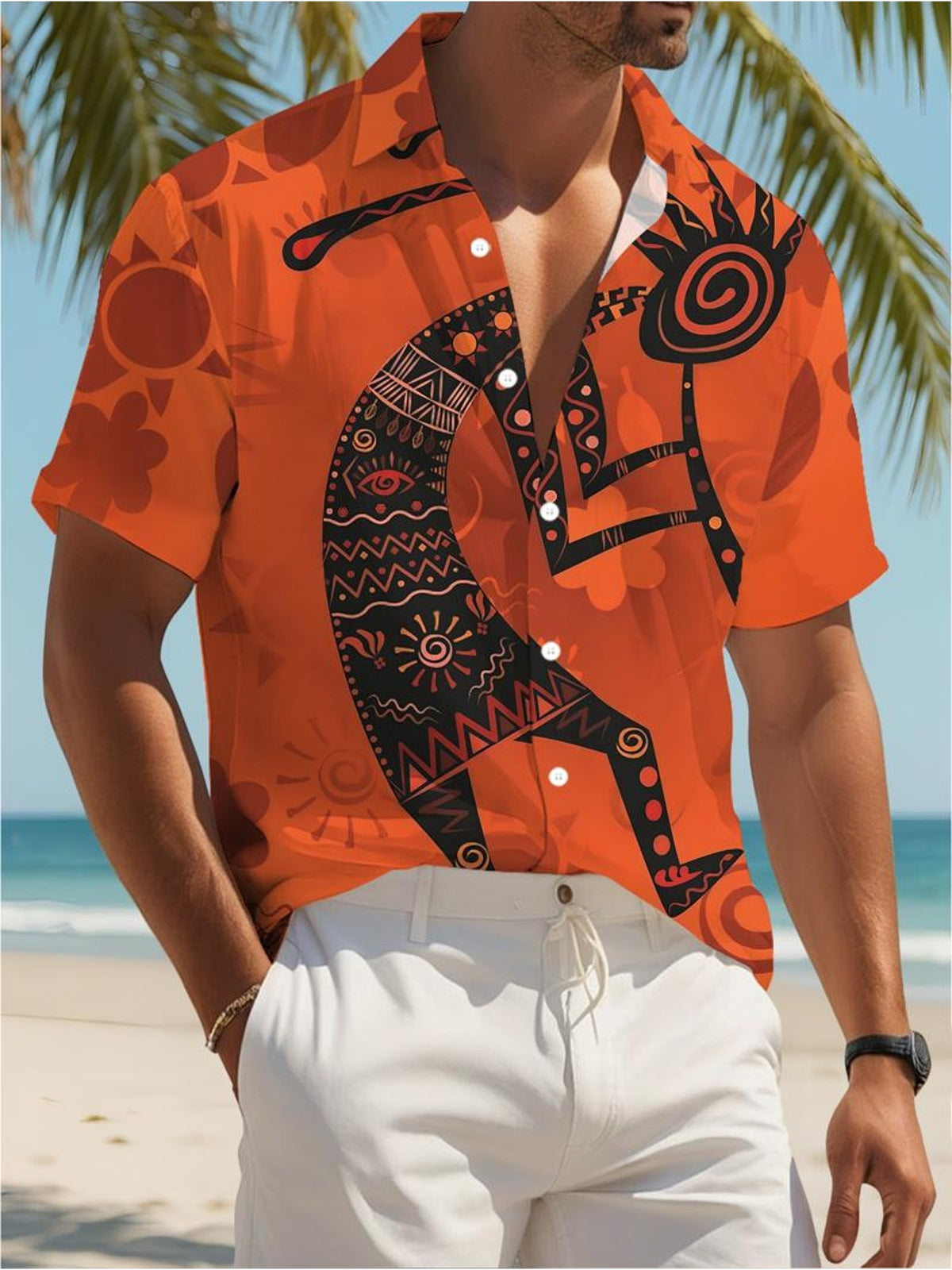 Tropical Print Men'S Casual Shirt with Tribal Pattern Summer Beach Wear