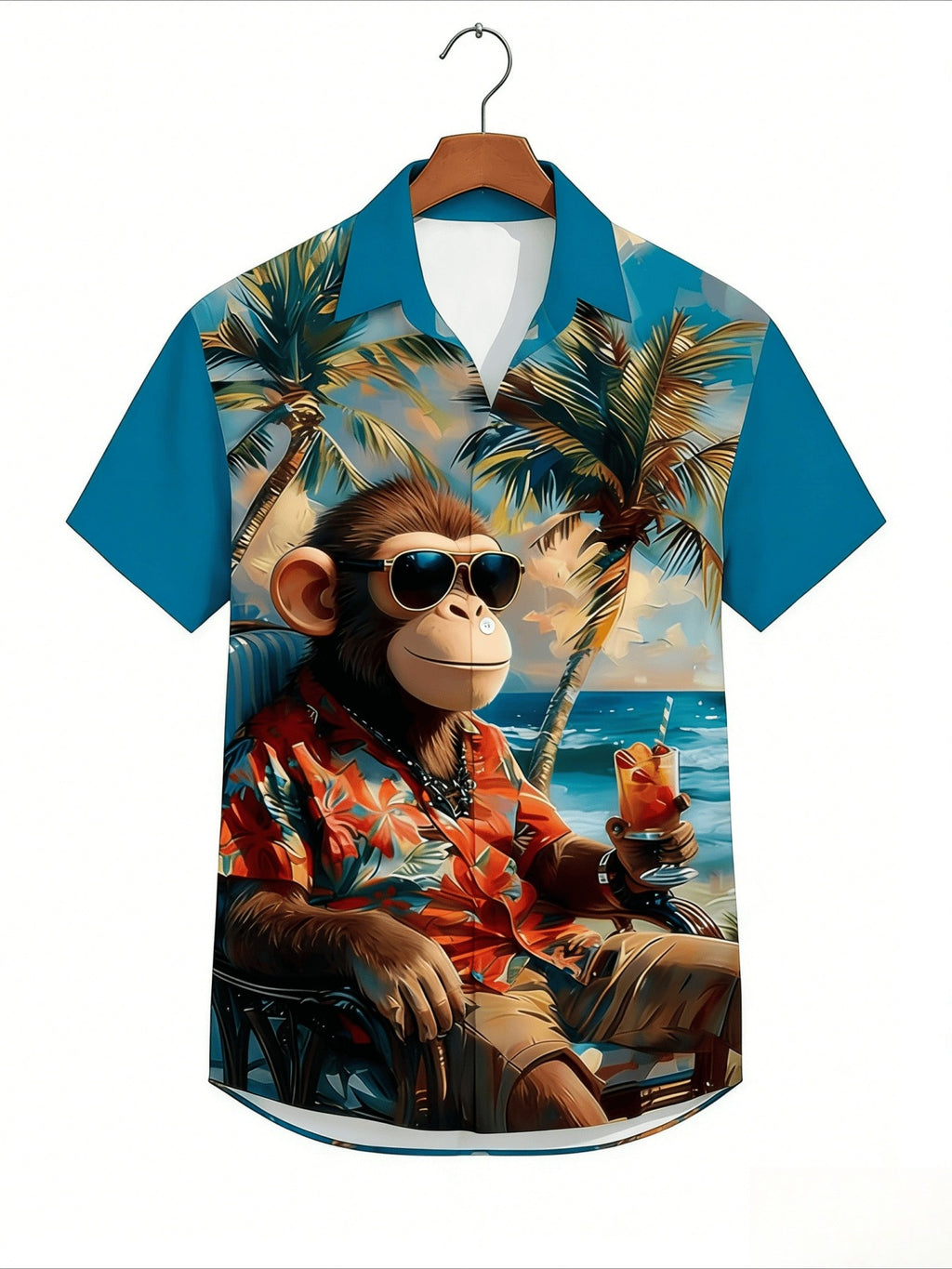 Men's Monkey & Palm Tree Print Button- Shirt - Short Sleeve Collared Button-Up Suitable for Beach Vacations, Casual Wear, Dates, Gift - Machine Washable Summer Shirt with Flip Collar, Non-Stretch Fabric