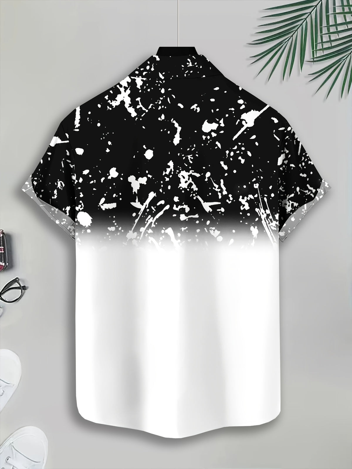 Casual Style Men'S Casual Shirt, Print Black And White Gradient with Crown K Letter And Splatter Pattern Summer Fashion Statement