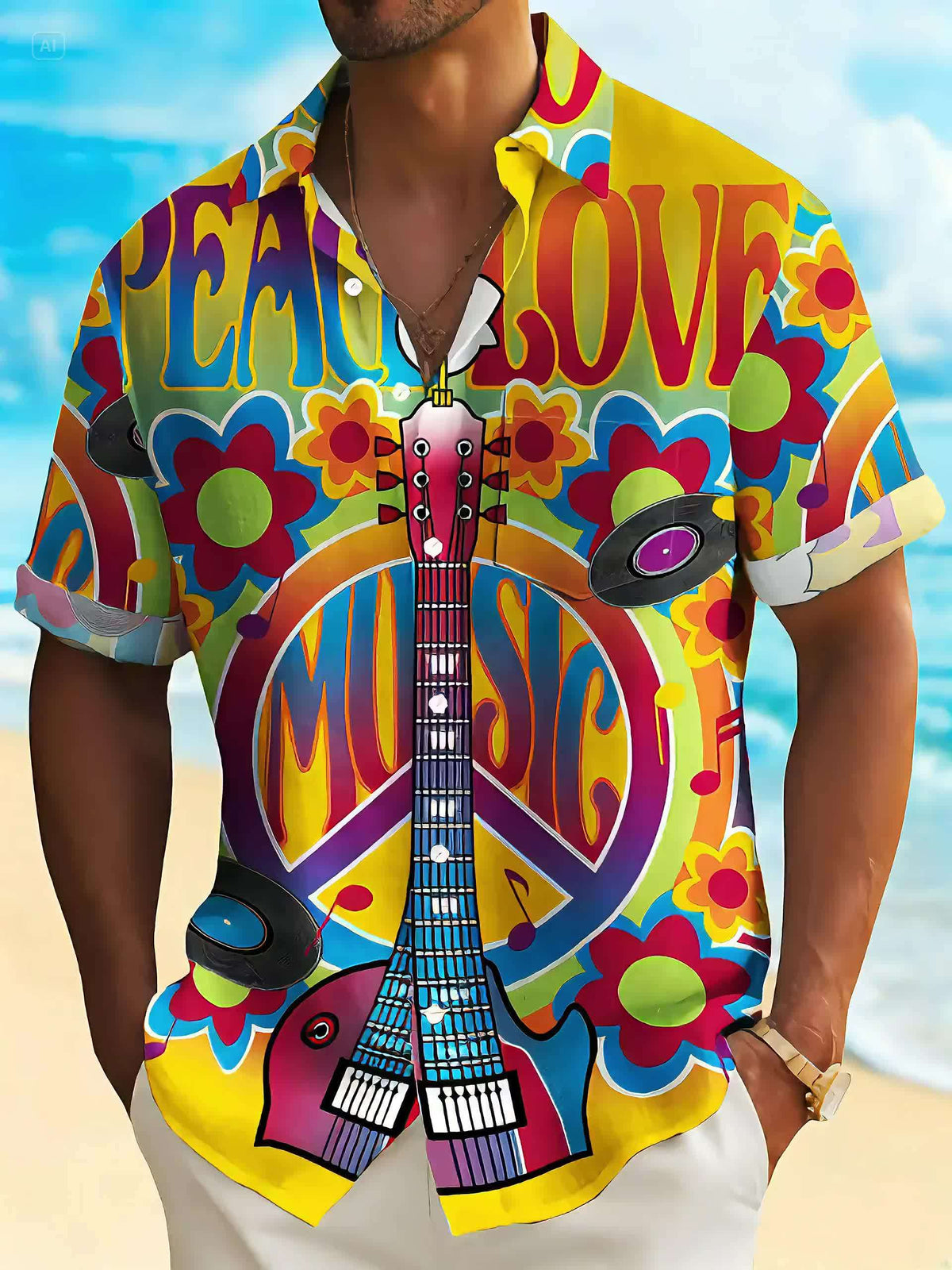 Men'S Plus Size Button Pocket Short Sleeve Aloha Shirt with Vintage Hippie Culture Music Print