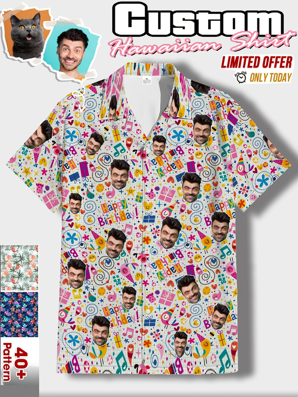 Custom Ersonalized Photo Hawaiian Shirt Dog Cat Face Holiday Tropical Pattern Shirt for Men Women Birthday Bachelor Party Gift Summer Gift
