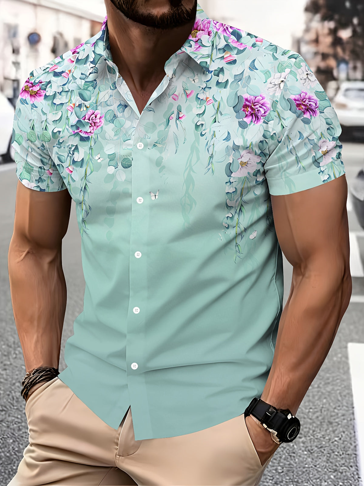 Floral Print Men'S Casual Shirt, Printing Summer Flowers And Leaves Pattern