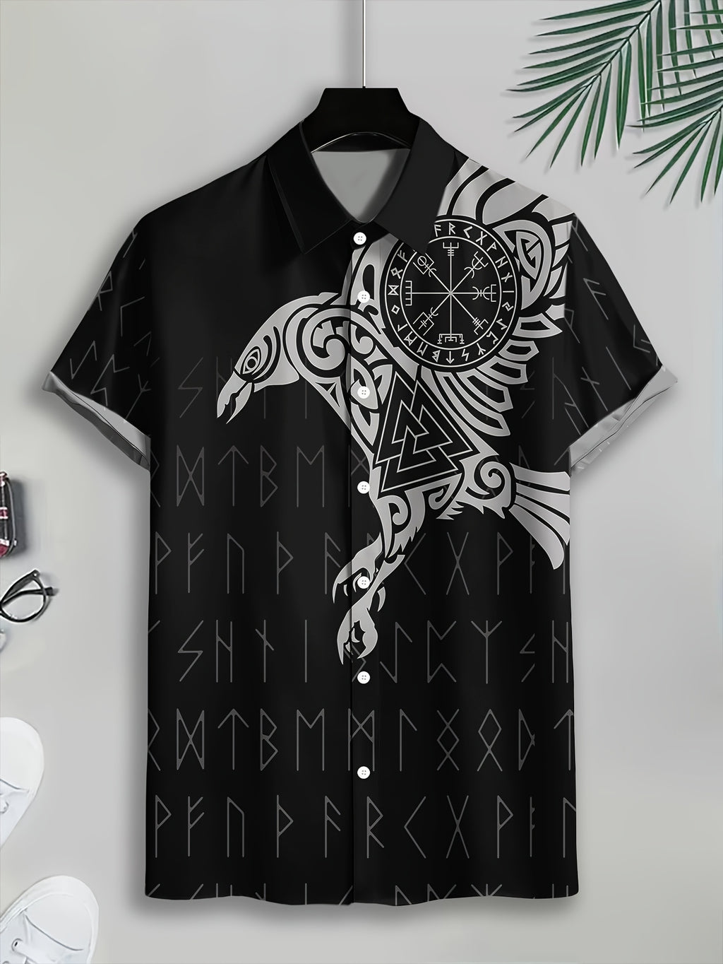 Viking Style Men'S Casual Shirt, Printed Black Raven And Runes Pattern Summer Nordic Symbol Design