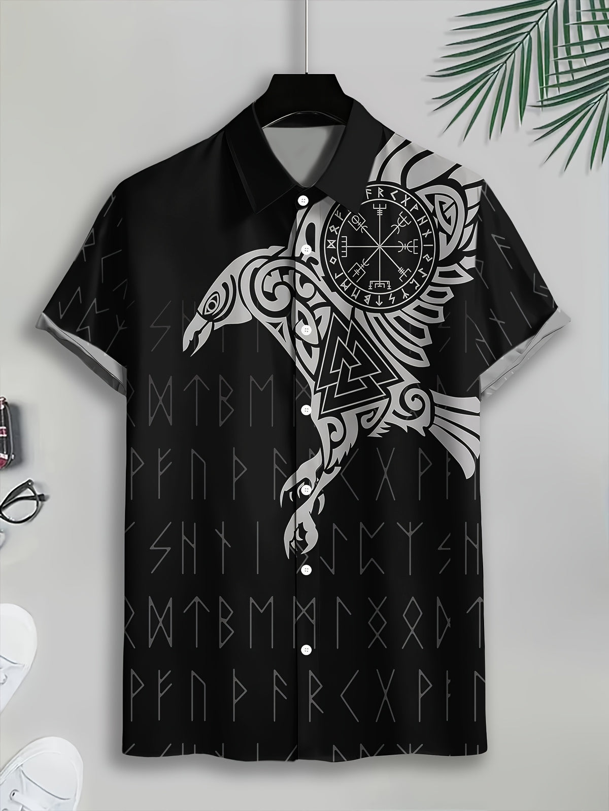 Viking Style Men'S Casual Shirt, Printed Black Raven And Runes Pattern Summer Nordic Symbol Design