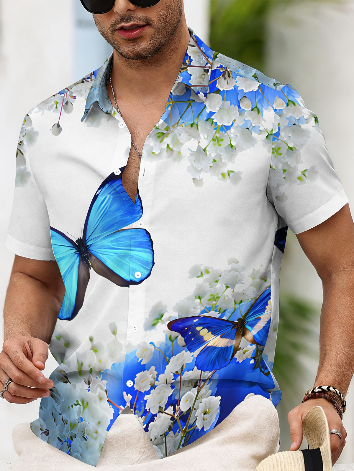 Summer Style Men'S Casual Shirt, Printed Blue Butterfly And White Flowers Pattern, Summer Vibrant Nature Design