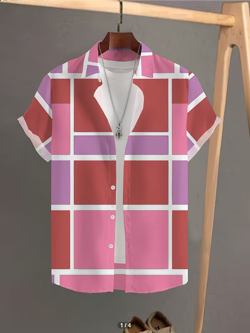 Men'S Casual Patterned Print Shirt - Short-Sleeved Button Design, Bright Colors, Summer Outdoor And Casual Wear, Machine Washable