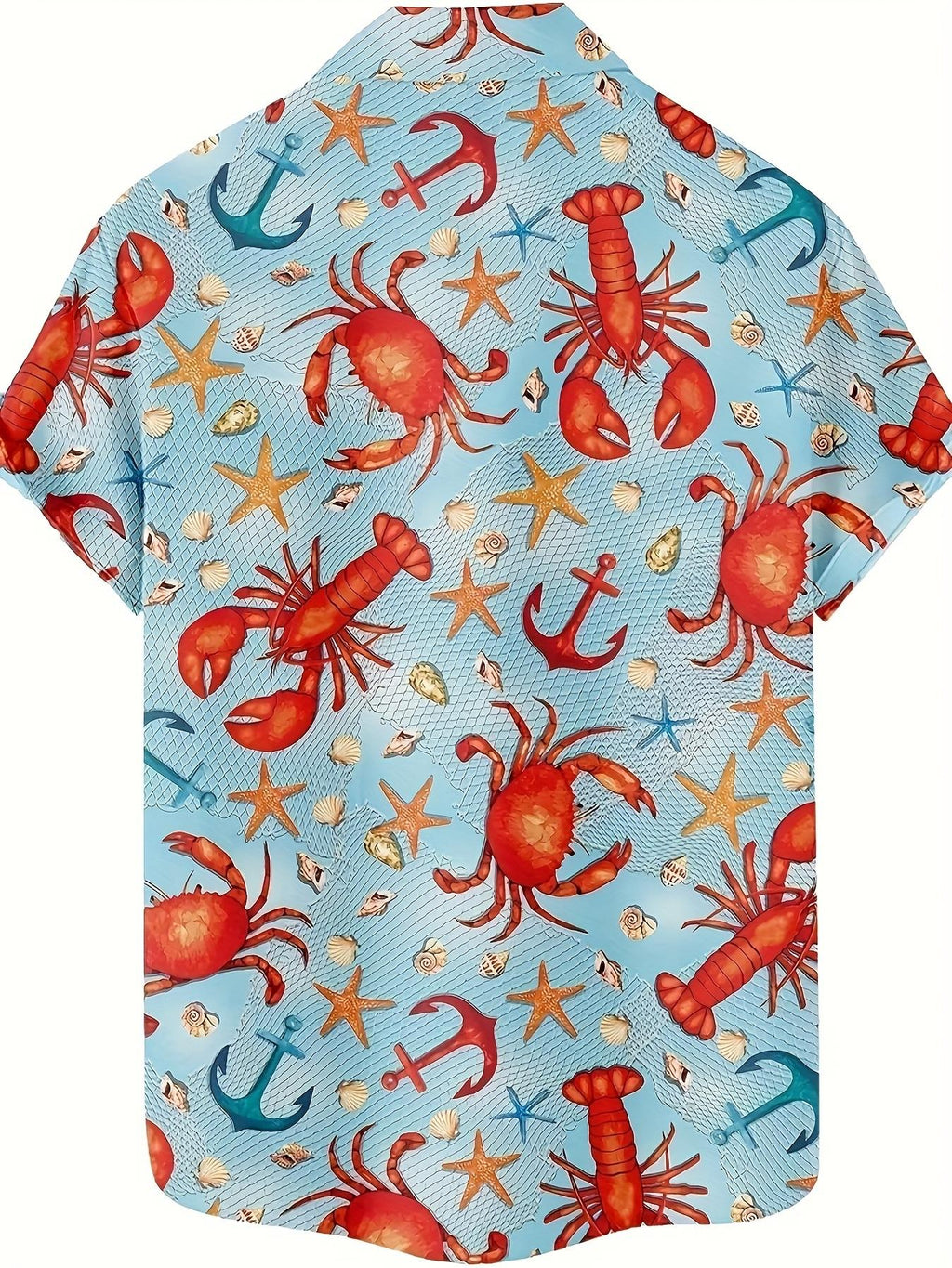 New Men's Vintage Lobster and Starfish Print Casual Shirt - Digital Print Hawaiian Street Style, Breathable Short-Sleeve Summer Top, Vibrant Colors, Machine Washable Regular Fit