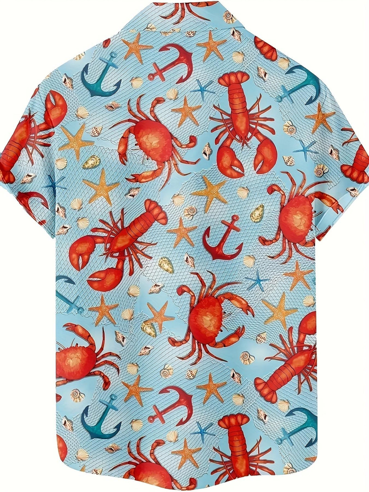 New Men's Vintage Lobster and Starfish Print Casual Shirt - Digital Print Hawaiian Street Style, Breathable Short-Sleeve Summer Top, Vibrant Colors, Machine Washable Regular Fit