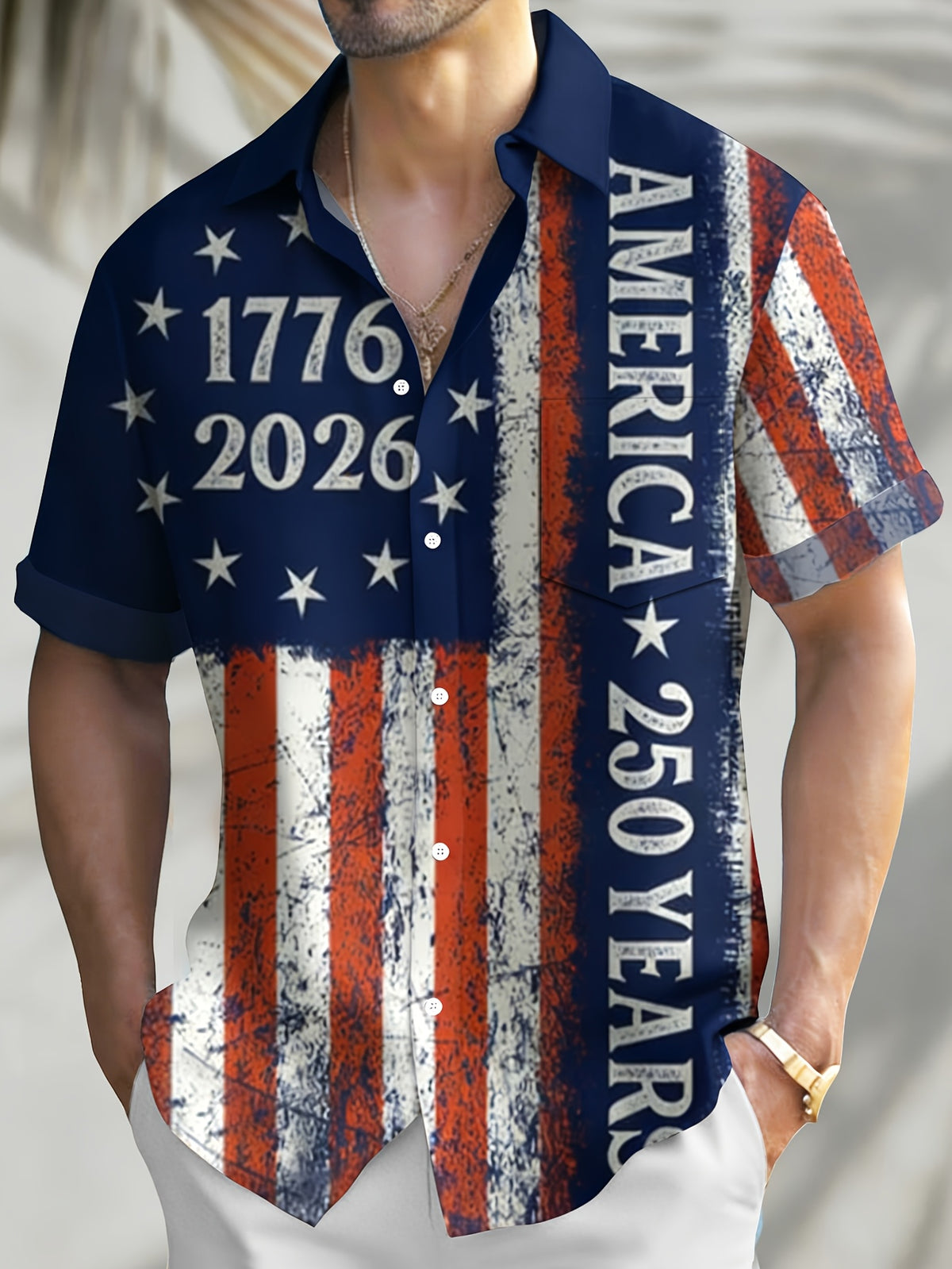Vintage Patriotic Flag 250Th Anniversary Commemorative Print Men'S Large Size Button Short Sleeve Shirt, Plus Size