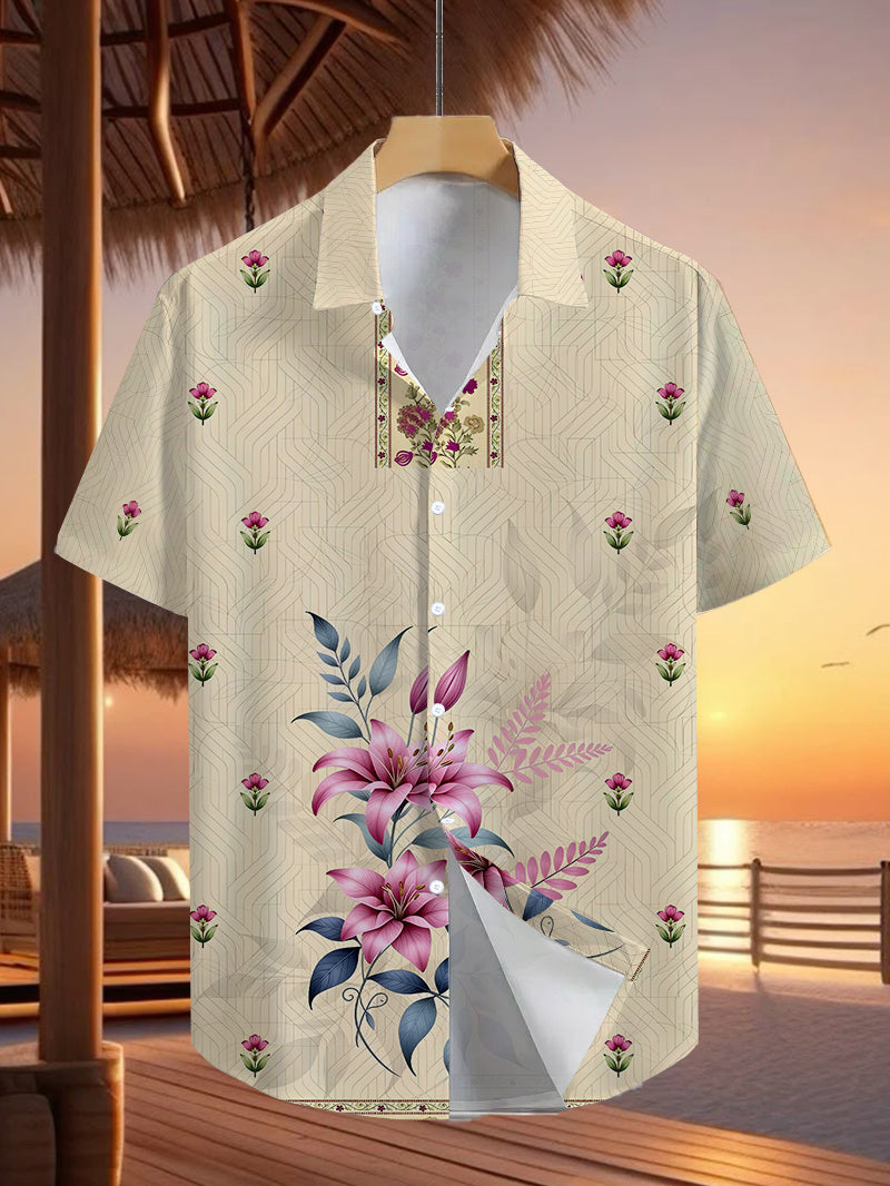 Men'S Casual Shirt with a Vibrant Tropical Pink Floral Print from Hawaii - Featuring a Short Sleeve Button Design, Perfect for Outdoor And Leisure Wear in The Summer
