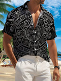 New Men's Casual Short-Sleeve Shirt, Silvery-Gray Mayan Embossed Plate Pattern with Intricate and Mysterious Engraving, Versatile Casual Top for Holiday Parties and Commuting, Polyester Fiber Fabric, Machine Washable, Button-Up Printed Shirt
