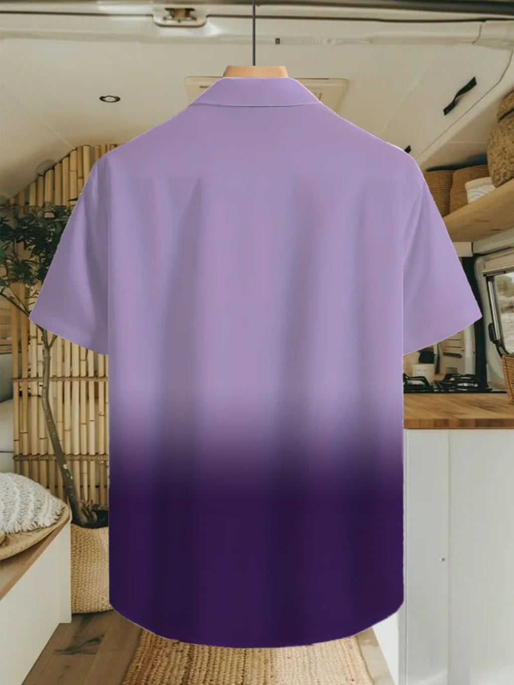 A Stylish Short-Sleeve Shirt Featuring a Dual Purple Gradient Pattern, Perfect for Tropical Summer Adventures. This Casual Button-Up Shirt Is Made from Lightweight