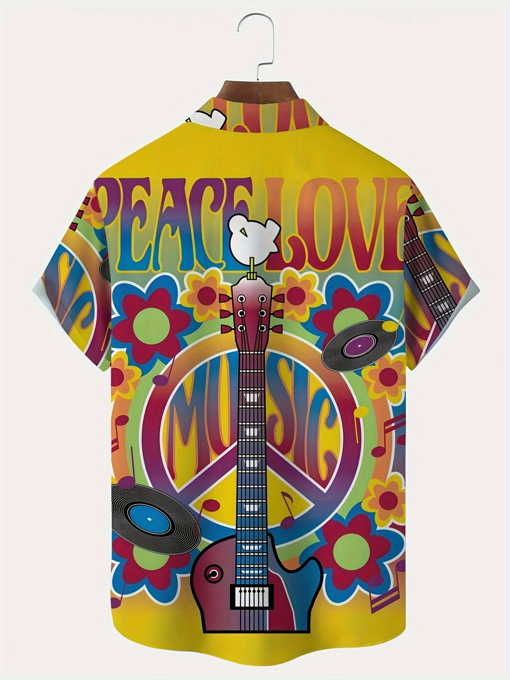 Men'S Plus Size Button Pocket Short Sleeve Aloha Shirt with Vintage Hippie Culture Music Print