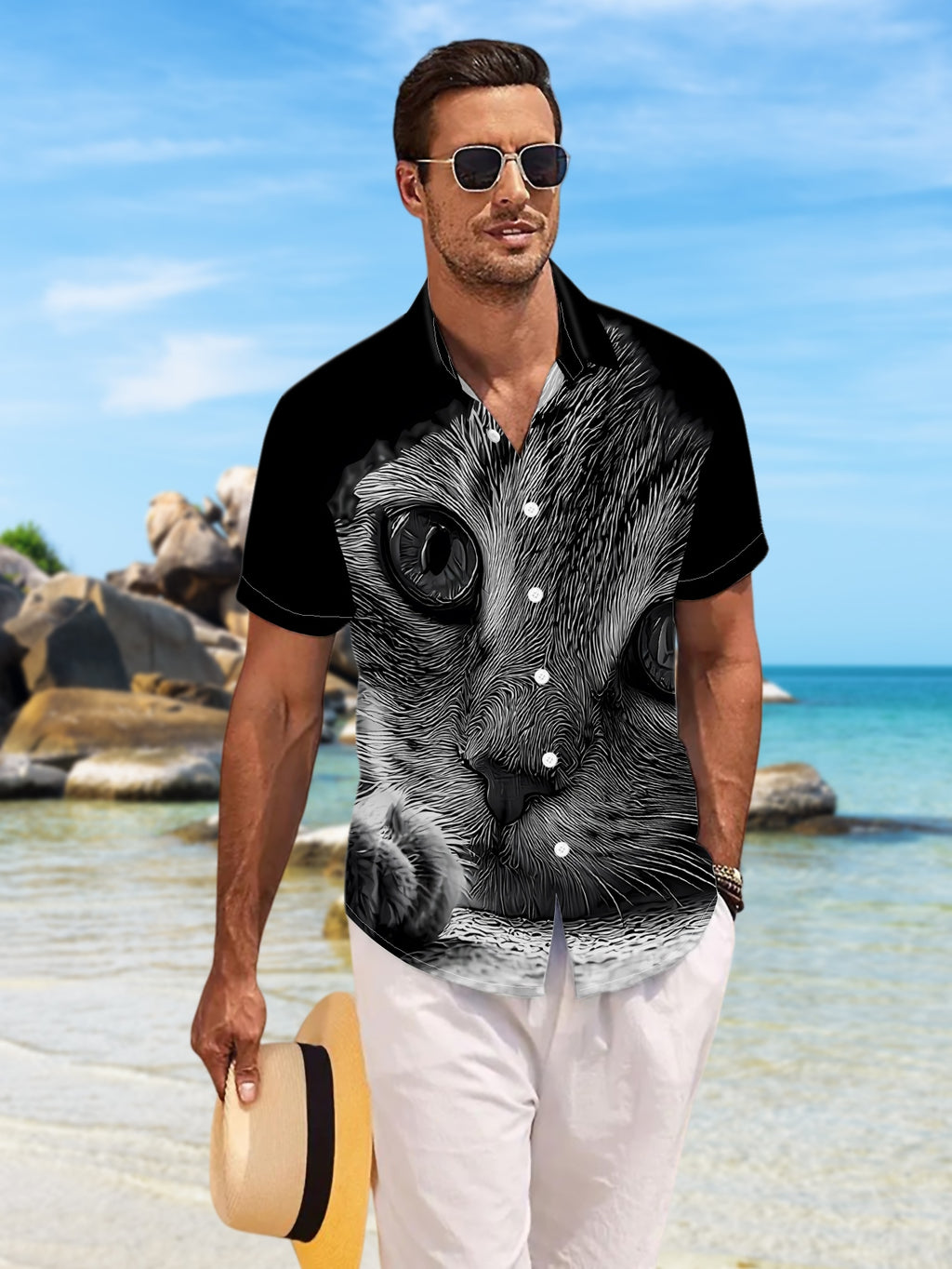 New Men's Casual Short-Sleeve Shirt with Ink-Washed Cat Print, Round Eyes Peeking, Paws Resting on Table, Versatile Holiday Party and Commuting Top. Made of Polyester Fiber, Machine Washable. Button-Up Printed Shirt