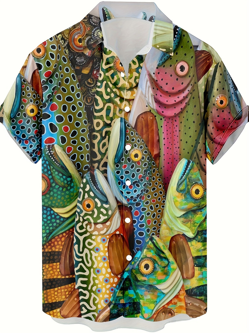 Men's Hawaiian Shirt - Tropical Fish Print Button-Front Beach Shirt, Opaque Fabric, Suitable for Summer Parties and Beach Trips as Casual Vacation Attire - Easy Care Bright Pattern Premium Button-Up Top