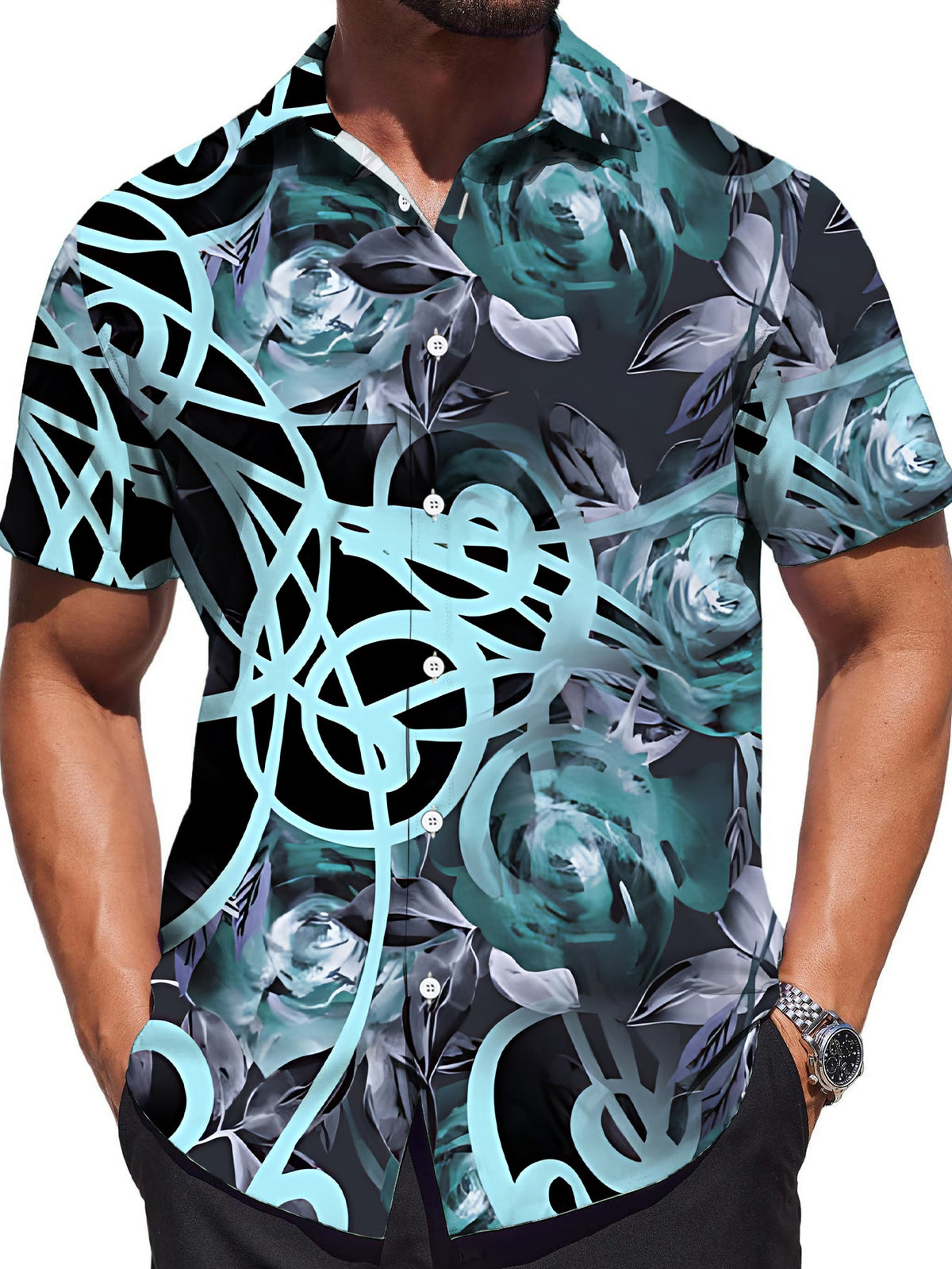 Men's Casual Digital Print Regular Fit Short Sleeve Shirt, Blue-Black Floral Pattern, Stylish and Sophisticated Dopamine Party Top, Clothing/Summer/Men/Printed/Apparel/Trendy/Streetwear