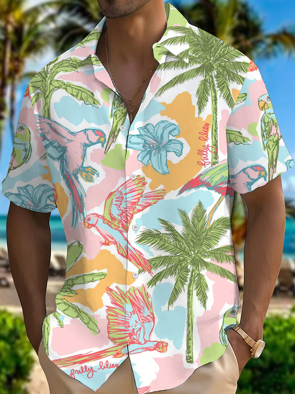 Men's Summer Cool Printed Button- Shirt with Tropical Hand-Painted Patterns, Featuring Dancing Parrots, Flamingos, and Palm Flowers. Suitable for Summer Casual Wear and Beach Vacations