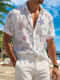 New Men'S Casual Short Sleeve Shirt, Lightly Colored Marine Micro-Element All-Over Print, Playful Fresh Style, Festive Gathering Commute Versatile, Polyester Fabric Machine Washable, Lightweight Summer Wear, Suitable for Casual Outfits