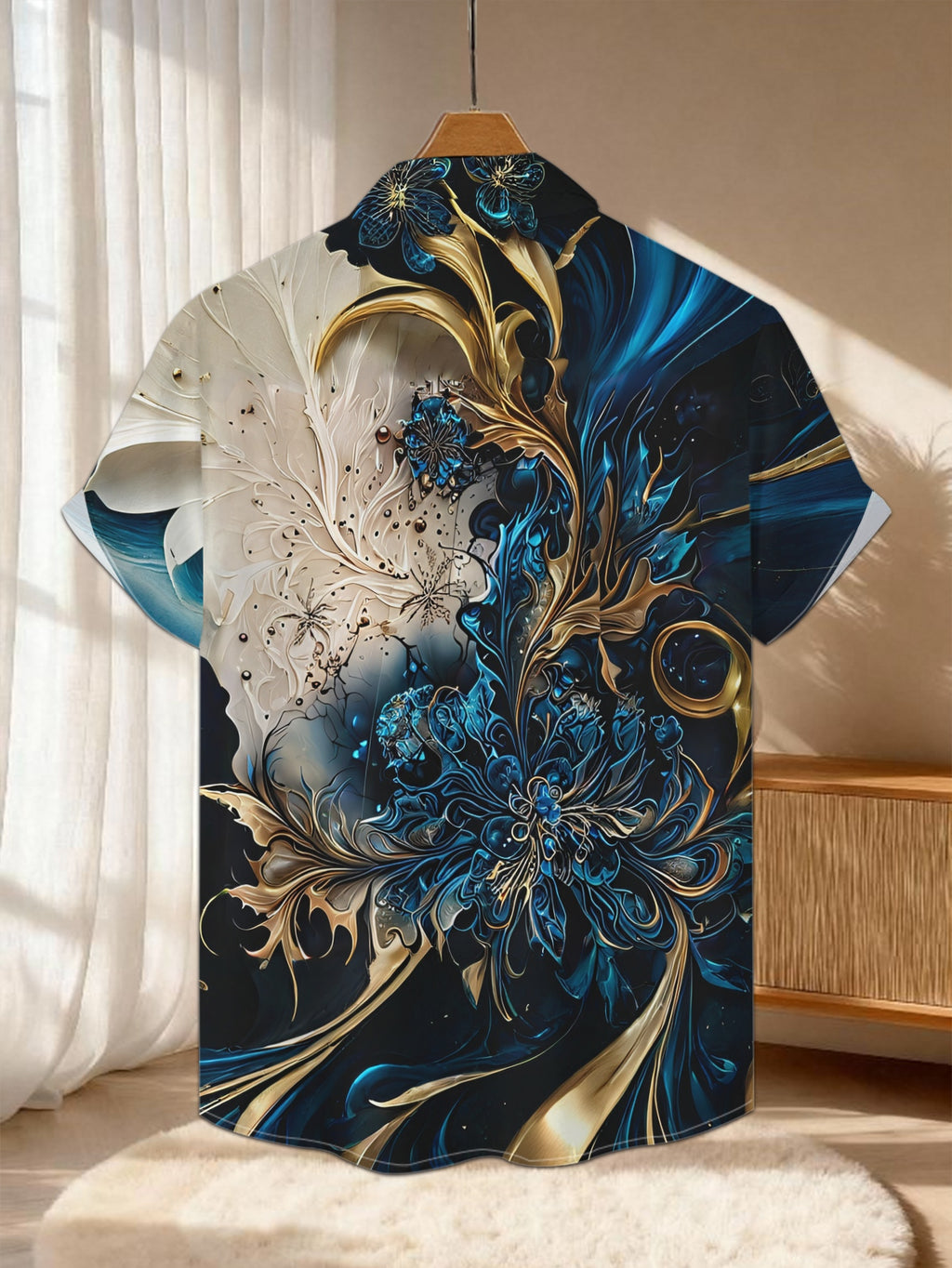 New Men'S Casual Short-Sleeve Shirt in Golden Blue with White Feathers, Featuring a Dreamy And Elegant Design. Perfect for Holiday Gatherings And Commuting