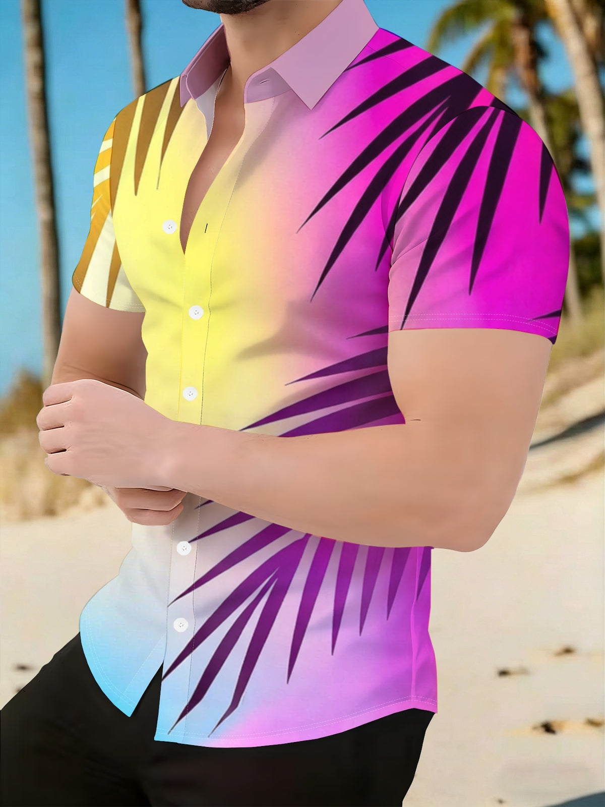 Random Geometric Print Men'S Short-Sleeve Button-Up Shirt, Casual Summer Style, Regular Fit And Comfortable