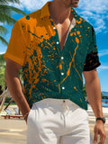 New Men's Casual Short-Sleeve Shirt, Orange and Ink Color Splash with Bold Textured Design, Versatile for Holiday Parties and Commuting, Machine-Washable Polyester Fiber Fabric, Lightweight for Summer, Suitable for Casual Wear, Outdoor Activities