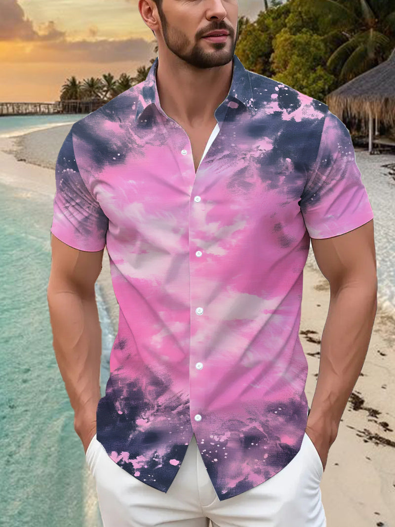 Fashion Tropical Style Ink Painting Element Men's Casual Shirt - Short Sleeve Button Design, Summer Outdoor and Casual Wear