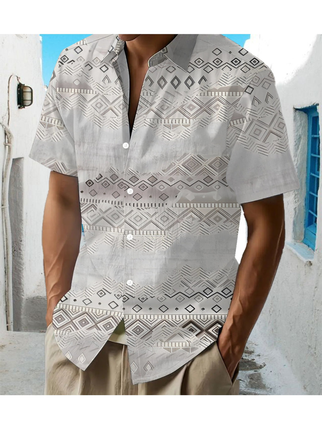 Men'S Casual Shirt with Geometric Floral Print Pattern - Short-Sleeved Button Design, Bright Colors, Suitable for Outdoor And Casual Wear in The Summer Season, Machine Washable