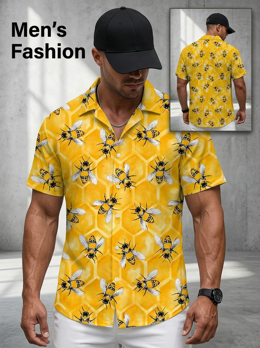 Men's Plus Size Hawaiian Honey Digital Print Button- Pocket Short Sleeve Shirt