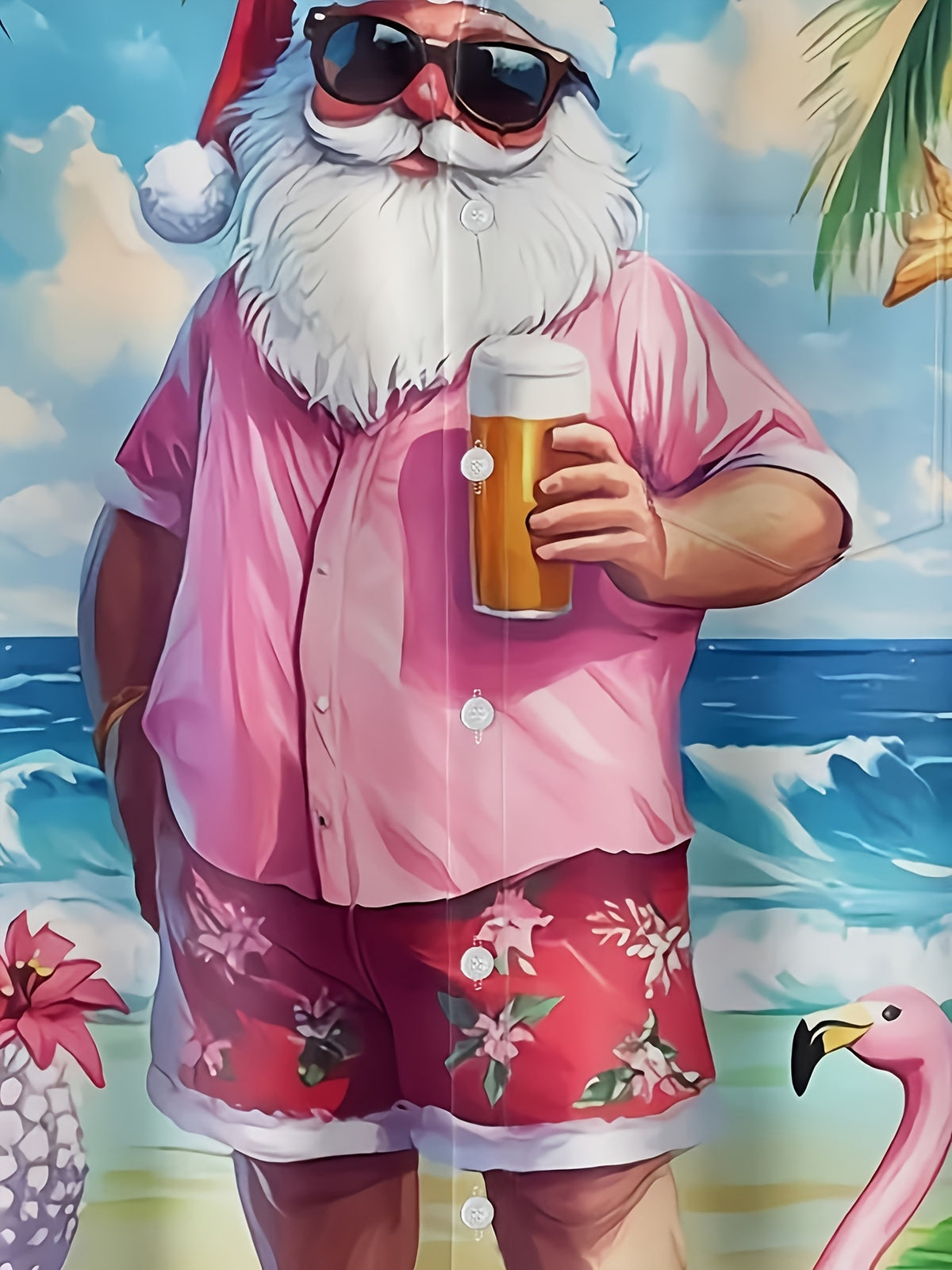 Men'S Retro Hawaiian Style Santa Claus Beach Print Short-Sleeve Shirt - Button- Collar Shirt with Pocket, Featuring a Design of Santa in Flip-Flops And Palm Trees, Machine Washable Summer Holiday Party Attire (Pink/Teal)