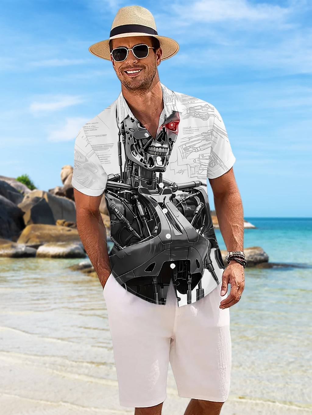 New Men'S Casual Short-Sleeve Shirt Featuring a Red-Eyed Mechanical Skeleton Design, Complete with Design Sketches. Perfect for Holiday Parties, Commuting, And Versatile Casual Wear. Made from Machine-Washable Polyester Fabric with a Button Print