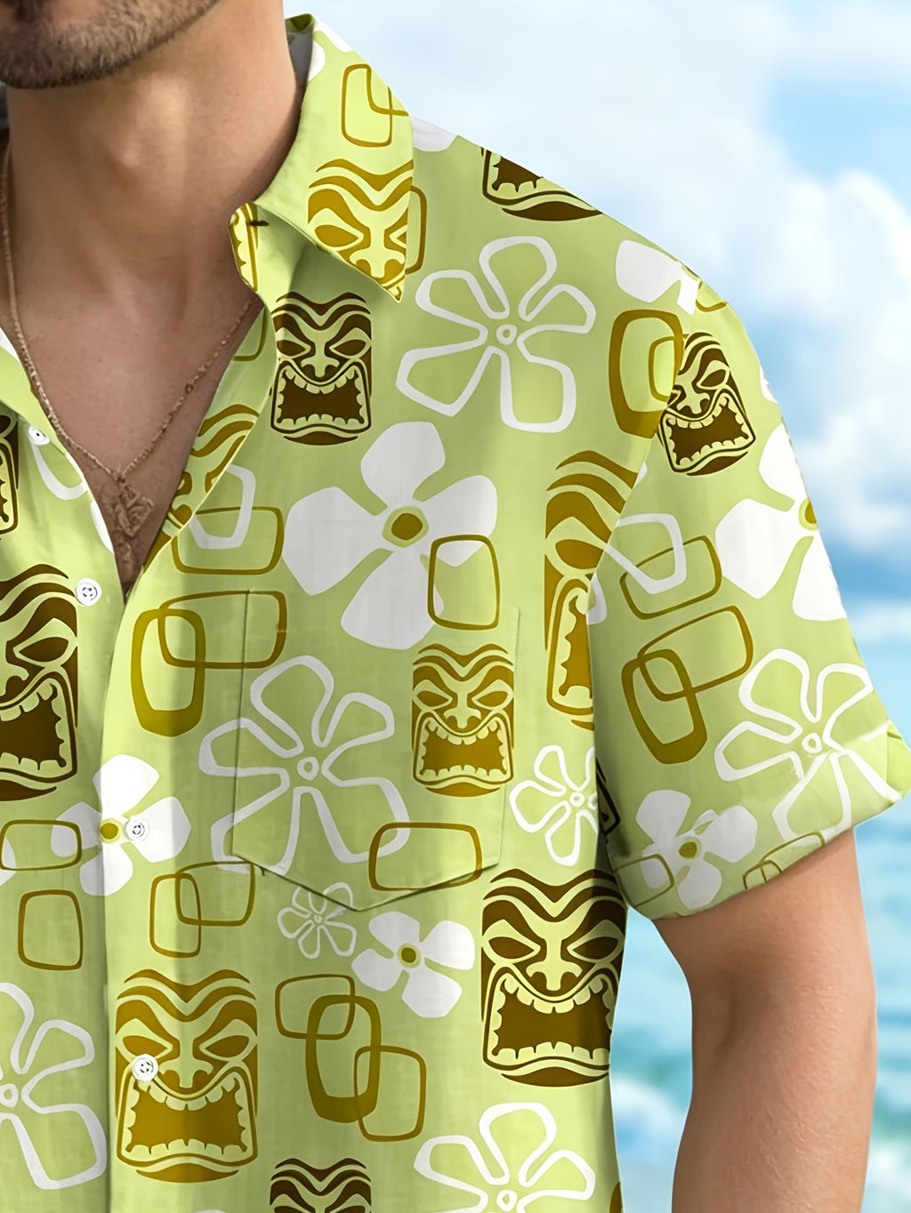 Floral TiKi Print Men's Plus Size Short Sleeve Shirt, PLUS SIZE