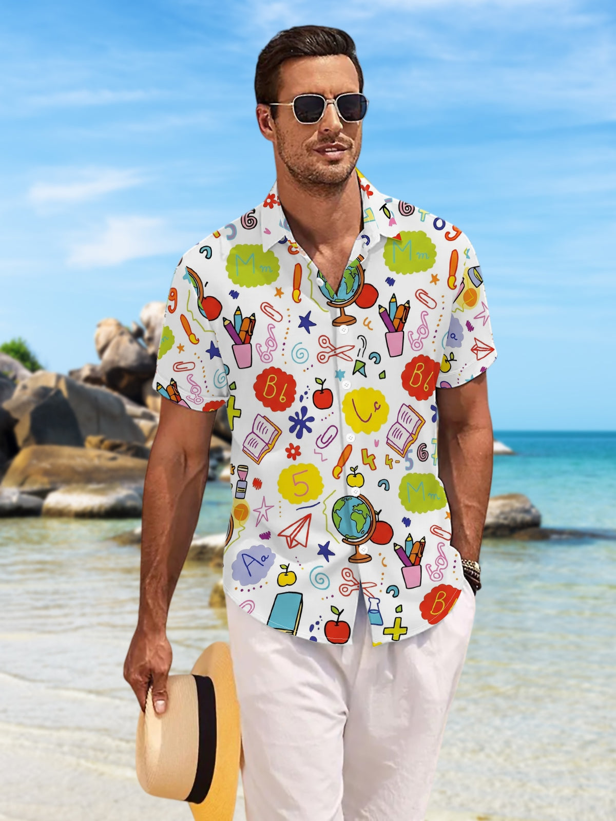 New Men's Casual Short-Sleeve Shirt with a Playful Learning-Themed Print Featuring Apples, Globes, and Other Elements. Versatile for Holiday Parties, Commuting, and More. Made of Polyester Fiber, Machine Washable, Lightweight for Summer