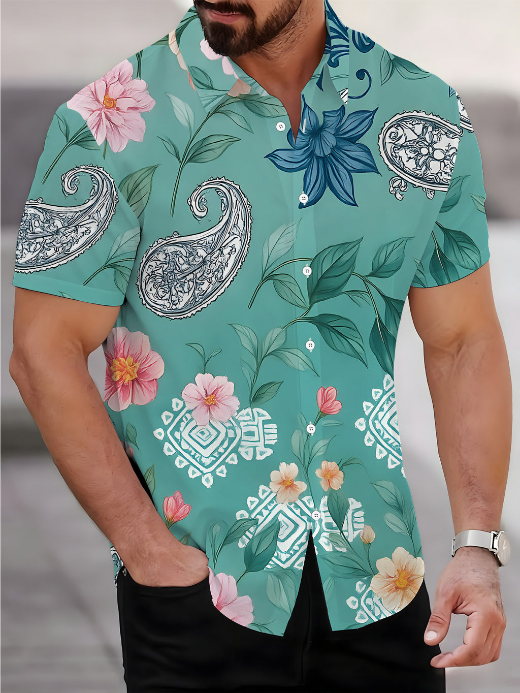 Men'S Short Sleeve Shirt, Floral Style Men'S Print Shirt, Short Sleeve Cool Men'S Shirt, Men'S Casual Short Sleeve Shirt for Summer