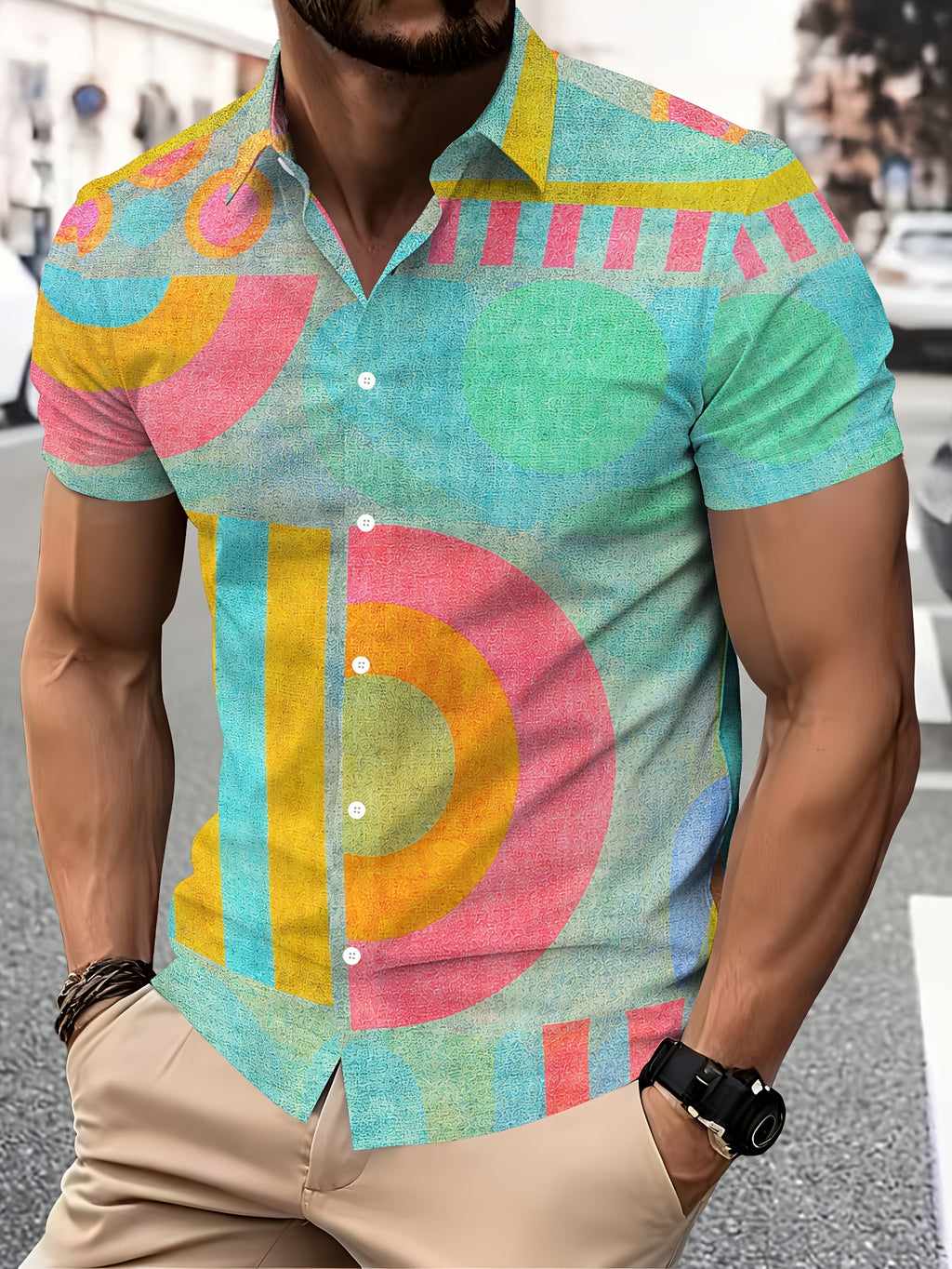 Color-Block Geometric Pattern Men'S Casual Shirt Abstract Shapes Summer Vibrant Design