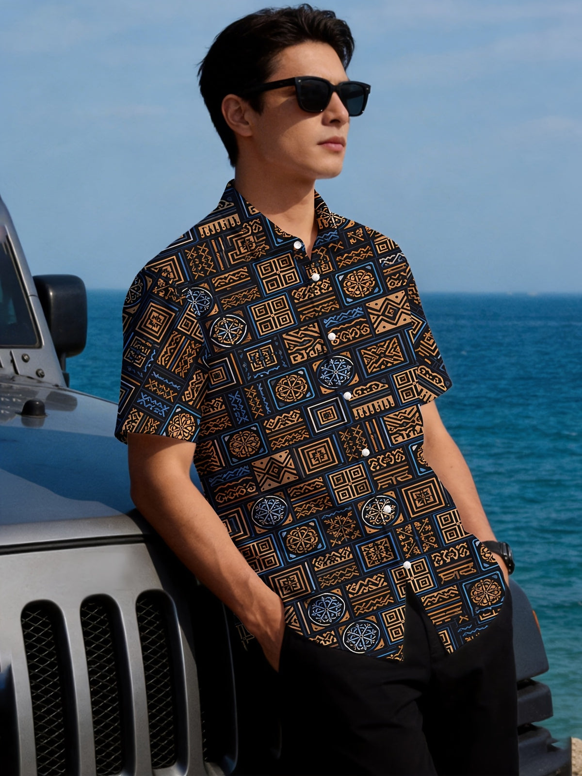 New Summer Short-Sleeve Shirt for Men, Hawaiian Style, Youthful Beach Casual Wear, Men's Top. Breathable Material, Casual Lapel Style, Easy-Care Fabric, Versatile Quick-Dry Top