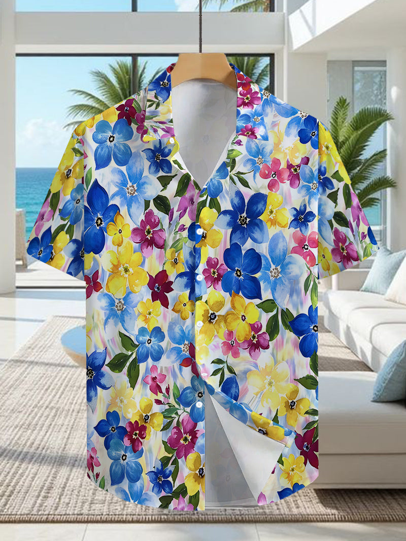 Hawaiian Tropical Style Men's Casual Shirt with Vibrant Floral Print - Short Sleeve Button-Up Design, Bright Colors, for Summer Outdoor and Casual Wear, Machine Washable