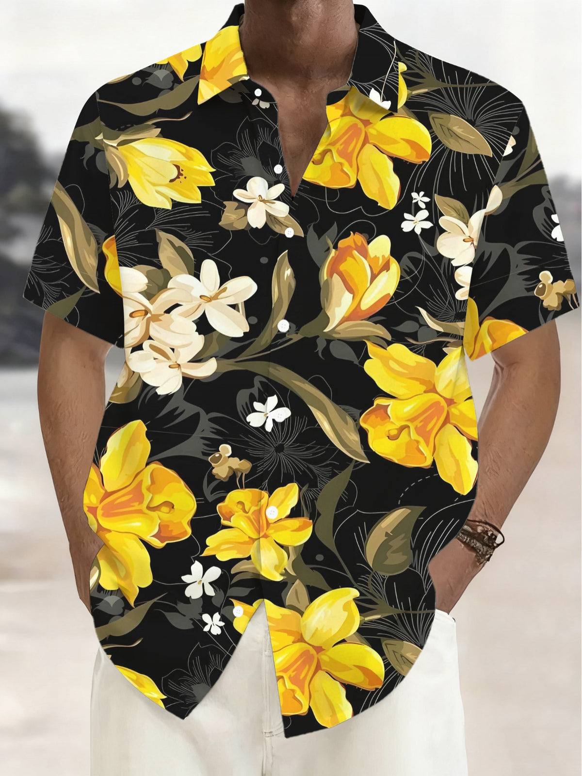 New Men's Hawaiian Lapel Shirt - Tropical Hawaiian Men's Floral Print Summer Casual Shirt, Vibrant Yellow with Beige Flowers, Lightweight and Breathable Fabric, Machine Washable, Suitable for Beach Vacations, Outdoor Activities, and Style