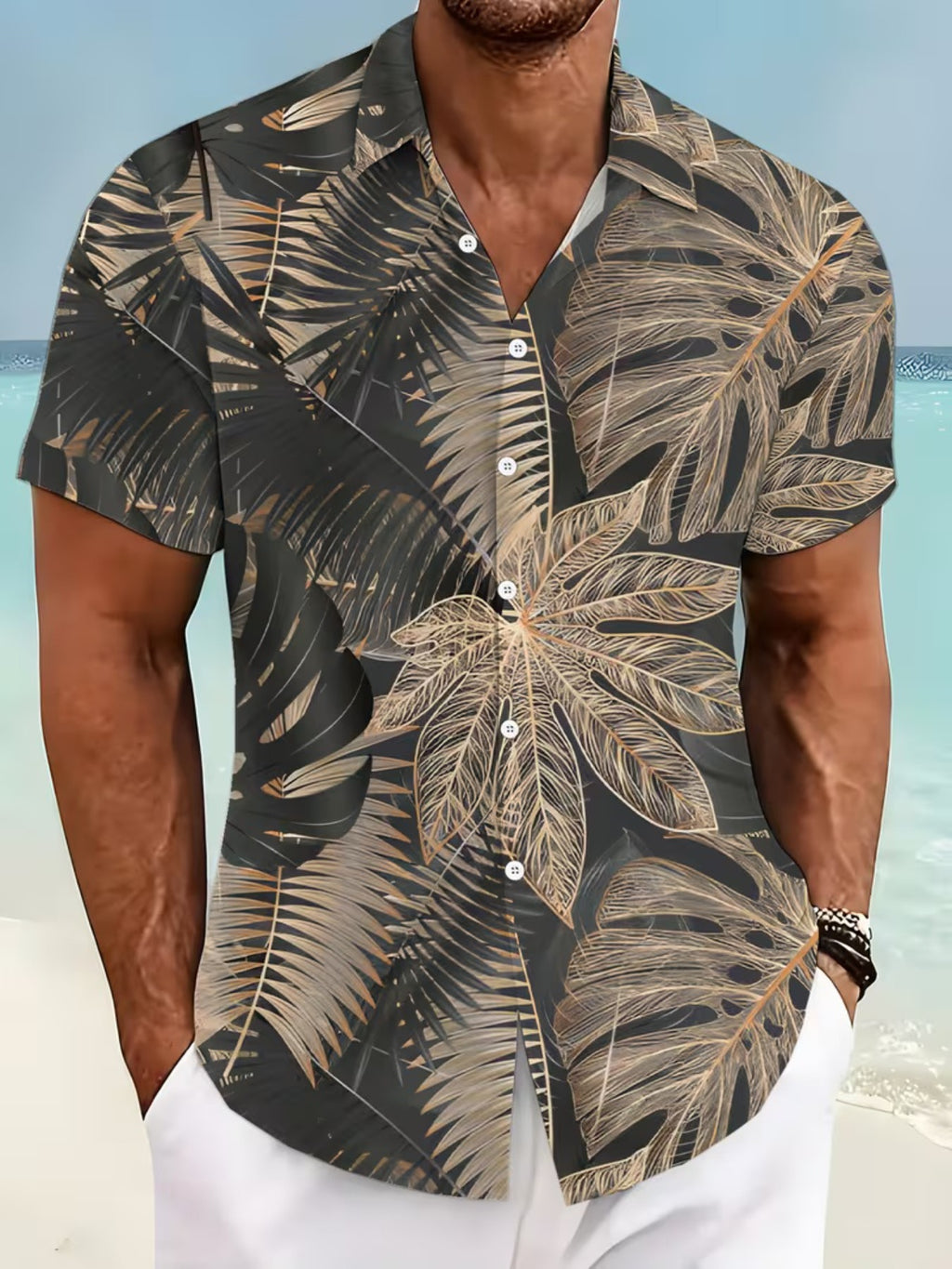 Hawaiian Leaf Pattern Print Men's Casual Shirt - Short Sleeve Button-Up Design, Vibrant Colors, Summer Outdoor and Casual Wear, Machine Washable