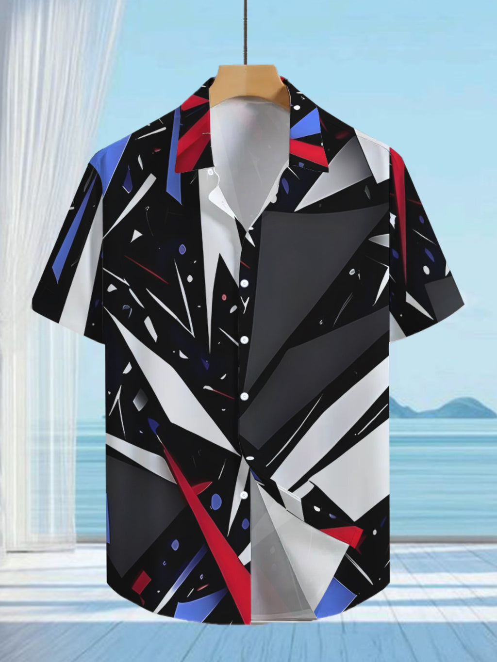Fashionable Anime Geometric Patterned Print Shirt, Trendy Tropical Hawaiian Short-Sleeve Shirt, Casual Button-Up Men'S Shirt, Lightweight for Summer Adventures