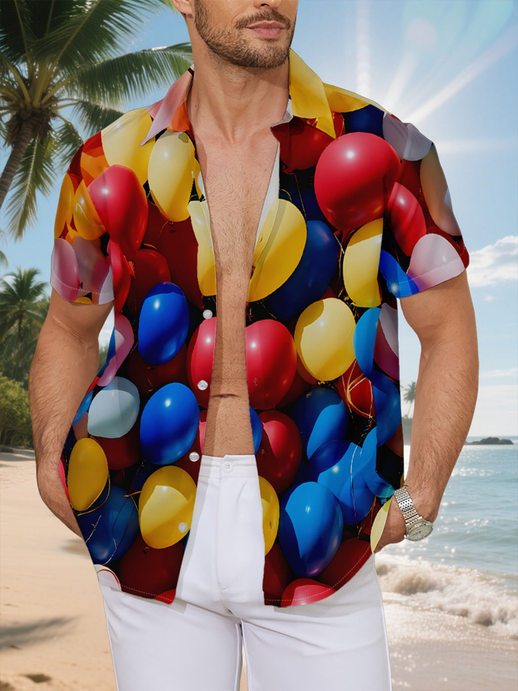 New Men's Casual Short-Sleeve Shirt with a Vibrant Cluster of Balloons, Full of Lively Atmosphere, Versatile for Holiday Parties and Commuting, Machine-Washable Polyester Fiber Fabric, Button-Up Printed Shirt