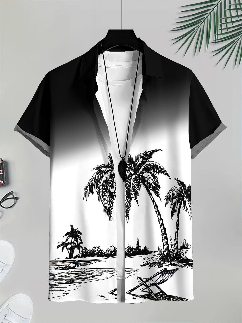 Black And White Tropical Palm Tree Print Men'S Casual Shirt Summer Beach Vacation