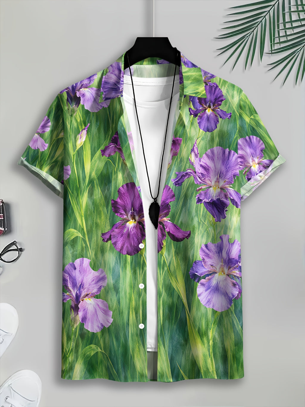 Men's Casual Floral Print Shirt with Vibrant Natural Summer Iris Design in Purple